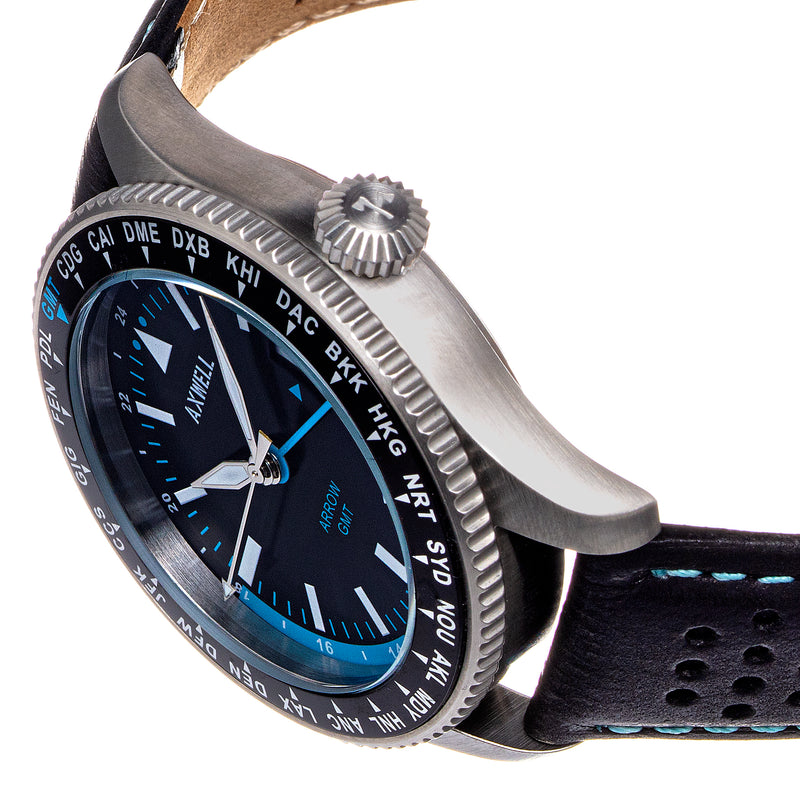 Axwell Arrow Leather-Band Watch w/Date - Black/Blue - AXWAW102-4