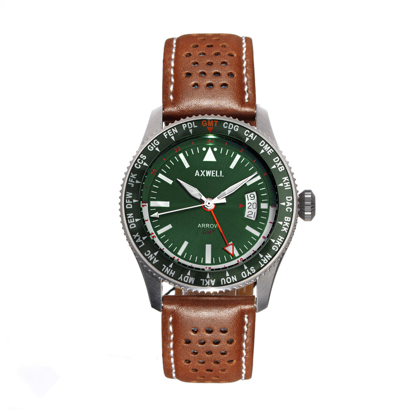 Axwell Arrow Leather-Band Watch w/Date - Tan/Green - AXWAW102-5